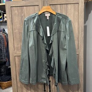 NWT Chico’s Size 3 (XL) Faux Suede Ruffle Open Front Jacket Cardigan green